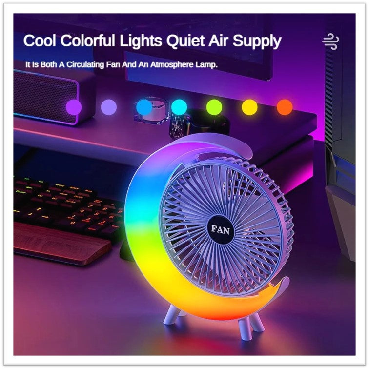 Ventilador de escritorio con luces RGB recargable